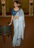 HYDRANGEA BLUE WOVEN DESIGNER SOFT TISSUE SILK SAREE WITH SWAROVSKI WORK