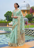 Mint Green Zari Woven Pure Handloom Linen Saree
