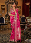 Deep Pink Zari Woven Pure Handloom Tessar Silk Saree