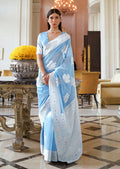 Sky Blue Hand Woven Lucknowi Cotton Saree