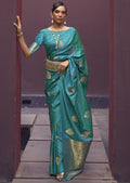DEEP TURQUOISE BLUE ZARI WOVEN PURE SATIN SILK SAREE