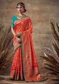 Deep Orange Woven Traditional Khaddi Bandhani Silk Saree With Embroidered Silk Blouse