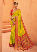 Lime Green Woven Paithani Silk Saree With Red Border