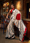 Pearl White & Black Digital Printed Satin Crepe Silk Saree