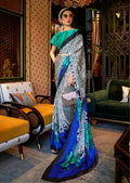Abstract White & Blue Digital Printed Satin Crepe Silk Saree