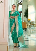Turquoise Green Hand Woven Organza Chanderi Silk Saree