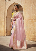 Light Pink Woven Designer Saree With Heavy Embroidered Blouse
