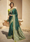 Bottle Green Woven Traditional Silk Saree With Heavy Embroidered Blouse