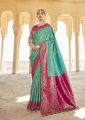 Tiffany Blue & Pink Zari Woven Kanjivaram Silk Saree With Heavy Embroidered Silk Blouse
