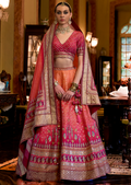 Pink & Orange Woven Traditional Rajwadi Patola Silk Lehenga