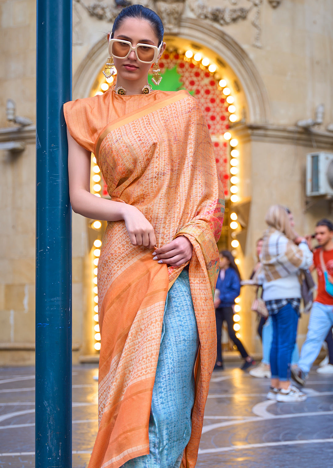 Orange Woven Digital Printed Crepe Silk Saree