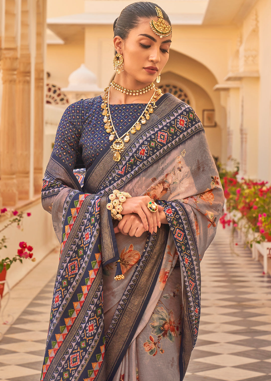 Grey & Blue Woven Chiffon Patola Saree