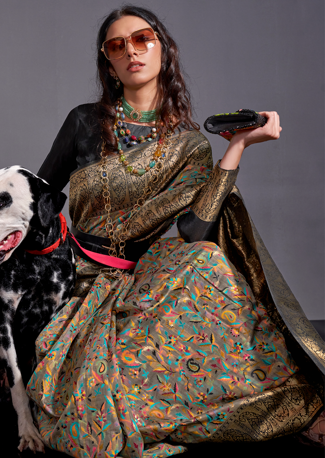 Grey Resham Woven Kashmiri Jamewar Silk Saree
