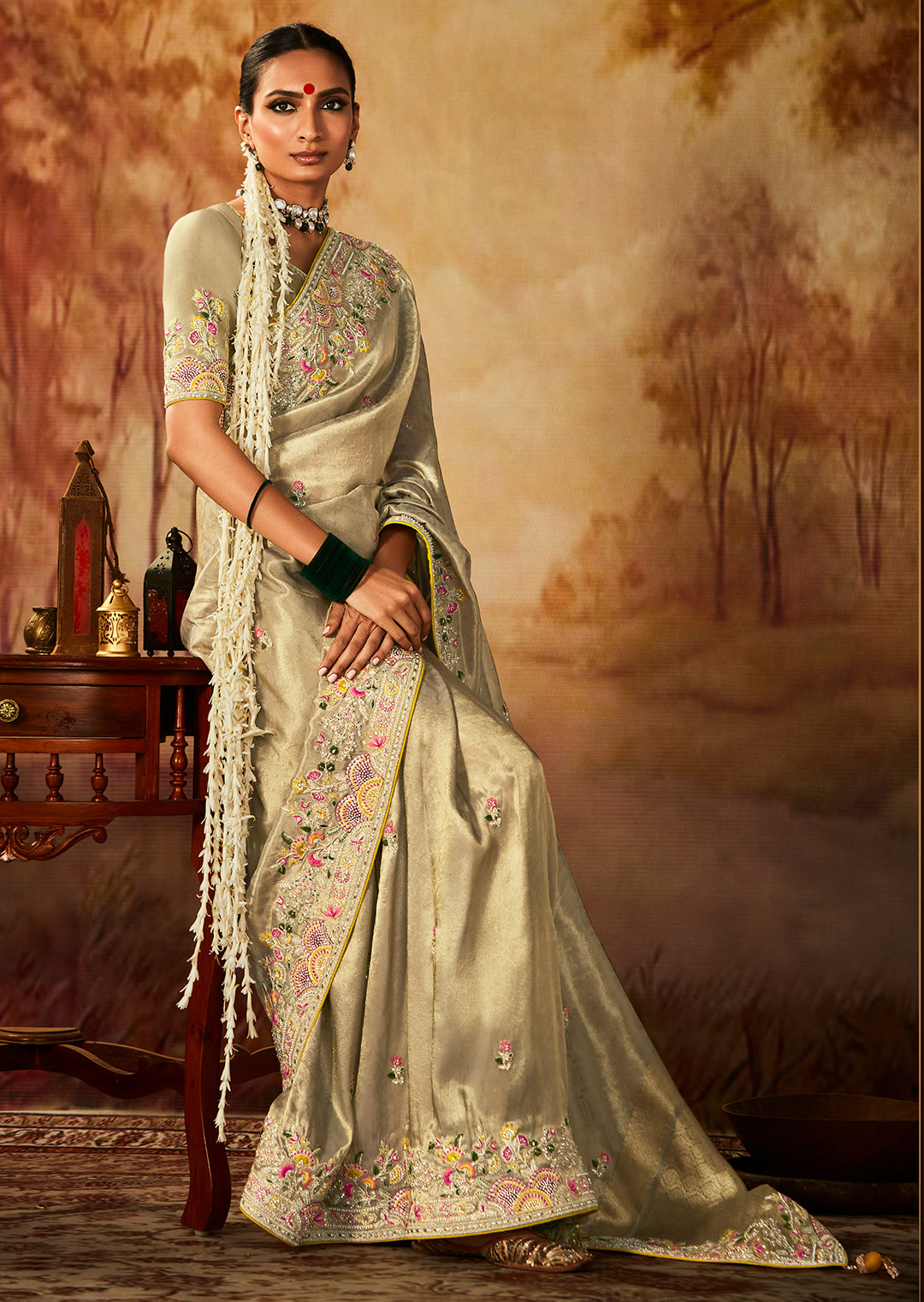 Light Tea Green Zari Woven Heavy Embroidered Designer Kanjivaram Silk Saree