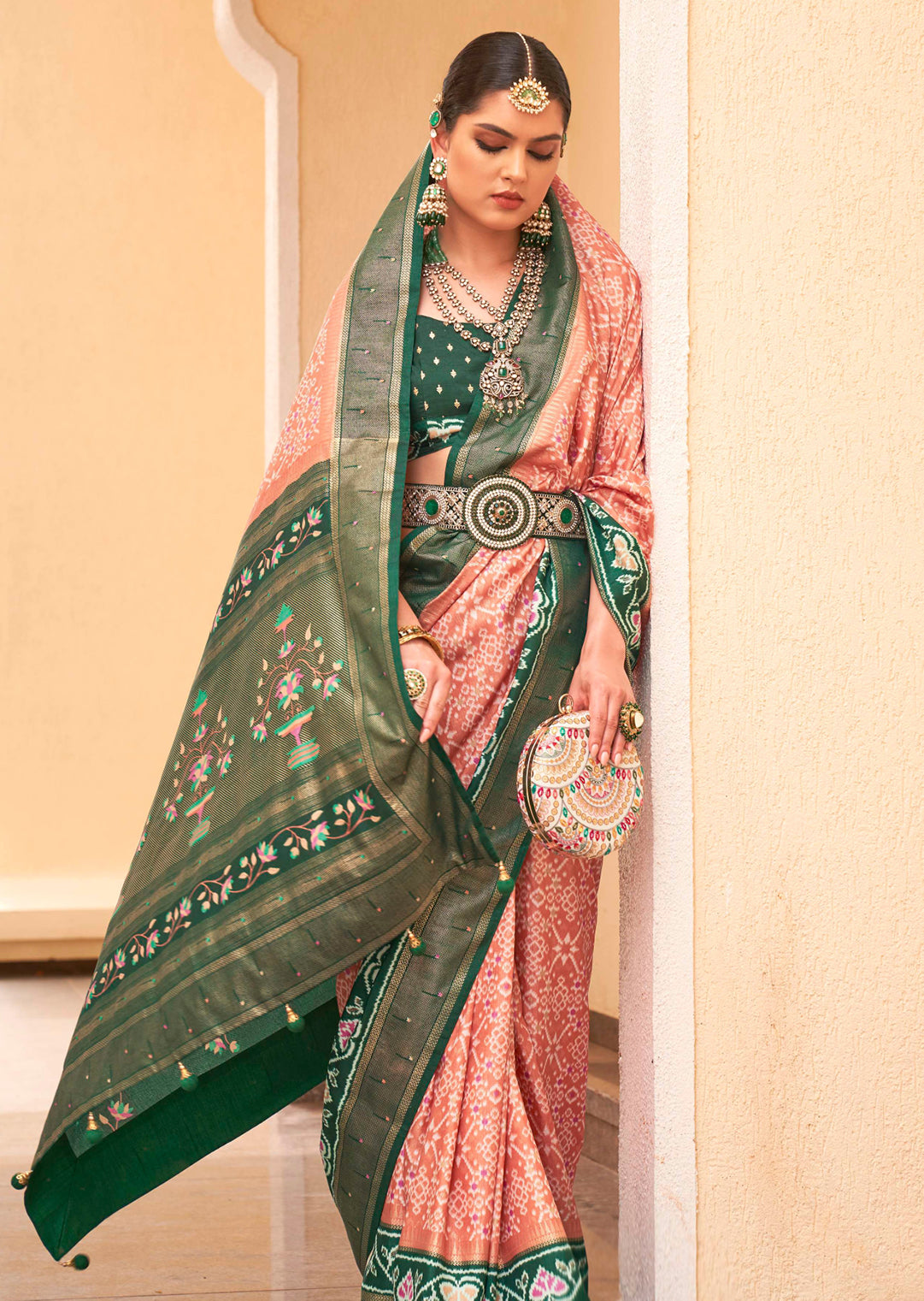 Peach Woven Traditional Patola Silk Saree