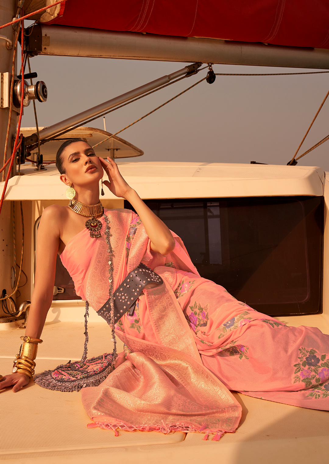 Peach Woven Pure Handloom Chinon Chiffon Banarasi Saree