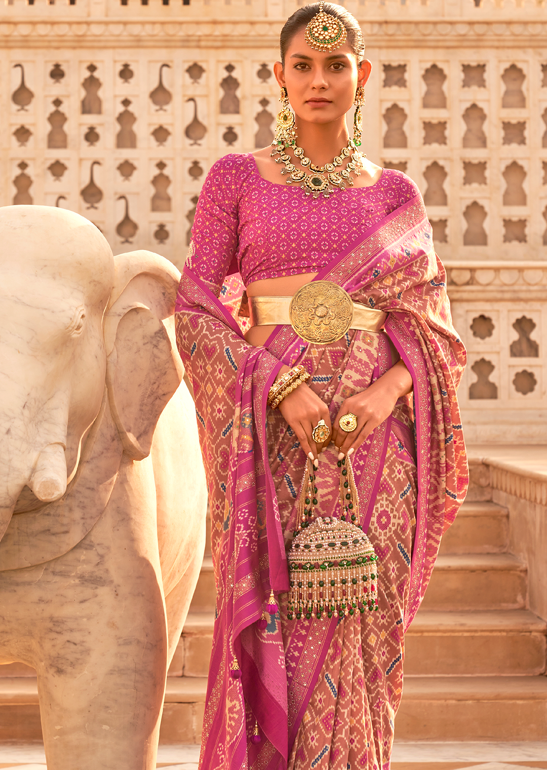 Crepe Pink Woven Royal Traditional Patola Silk Saree