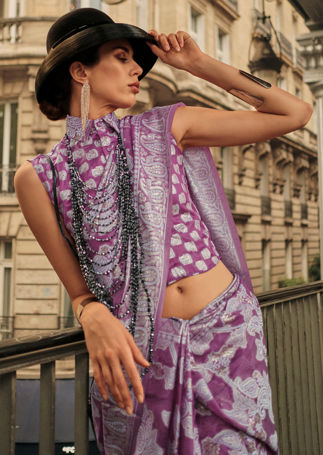 Heather Purple Woven Handloom Chikankari Lucknowi Organza Silk Saree
