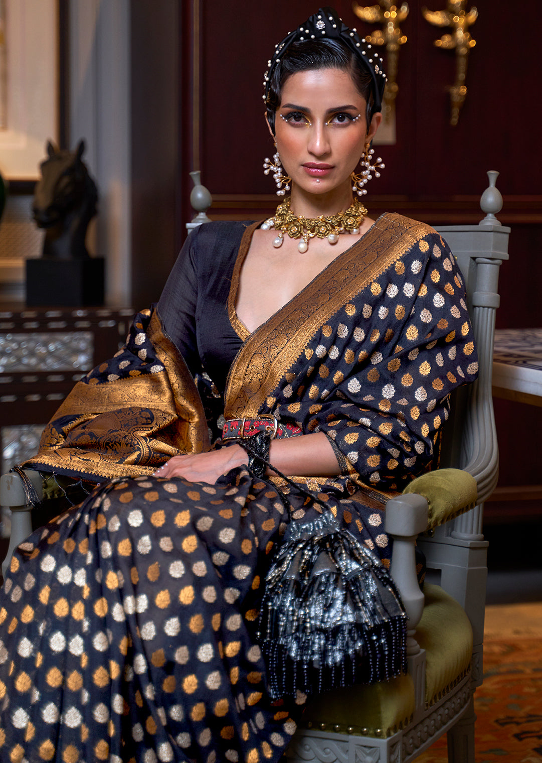 BLACK COPPER ZARI WOVEN PURE KHADDI GEORGETTE BANARASI SAREE