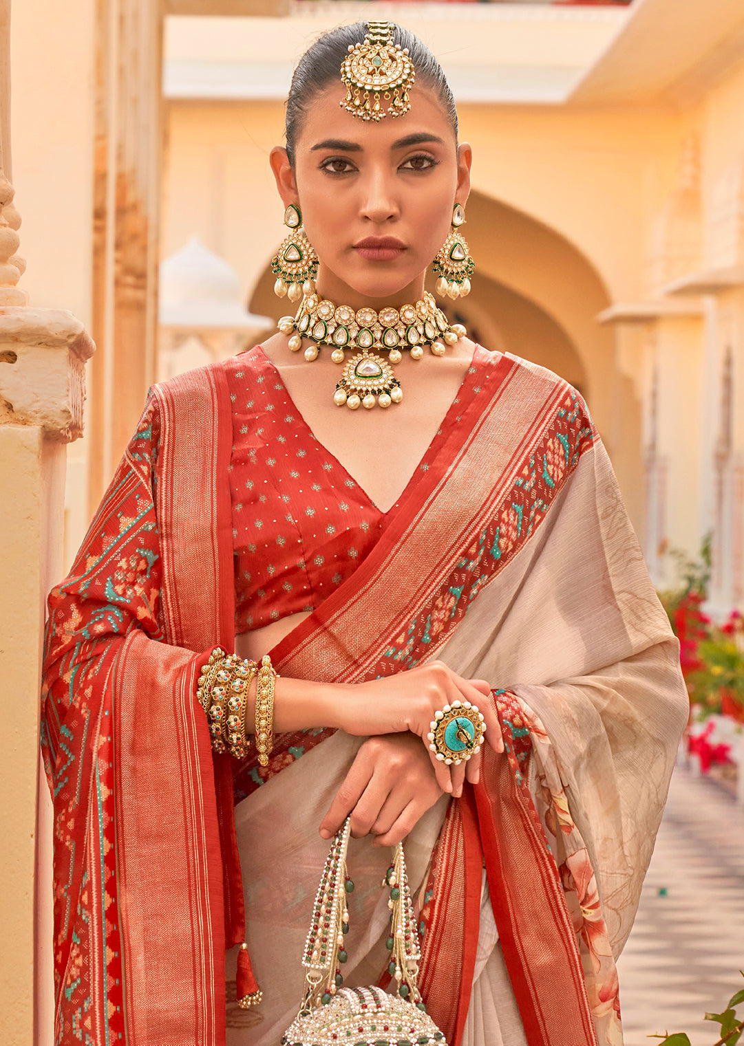 Off White & Coral Red Woven Chiffon Patola Saree