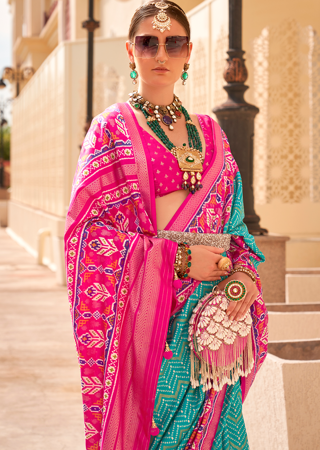 Turquoise Green Woven Patola Silk Saree