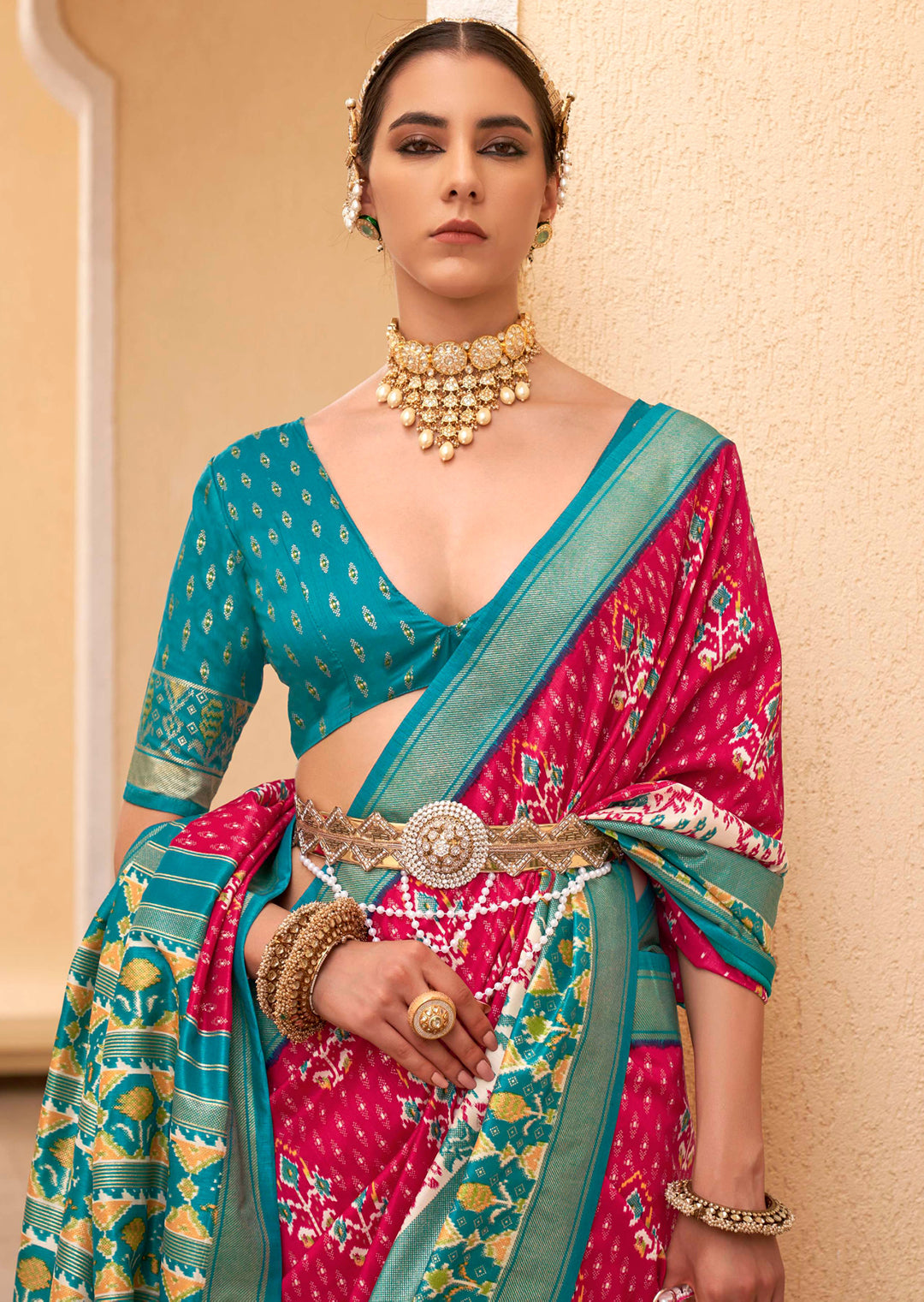 Ruby Pink Woven Traditional Patola Silk Saree