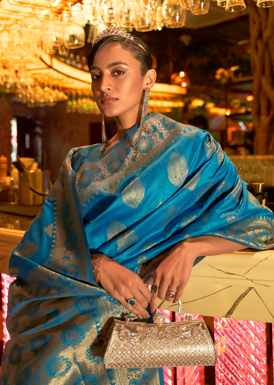 Deep Sky Blue Zari Woven Pure Handloom Banarasi Silk Saree