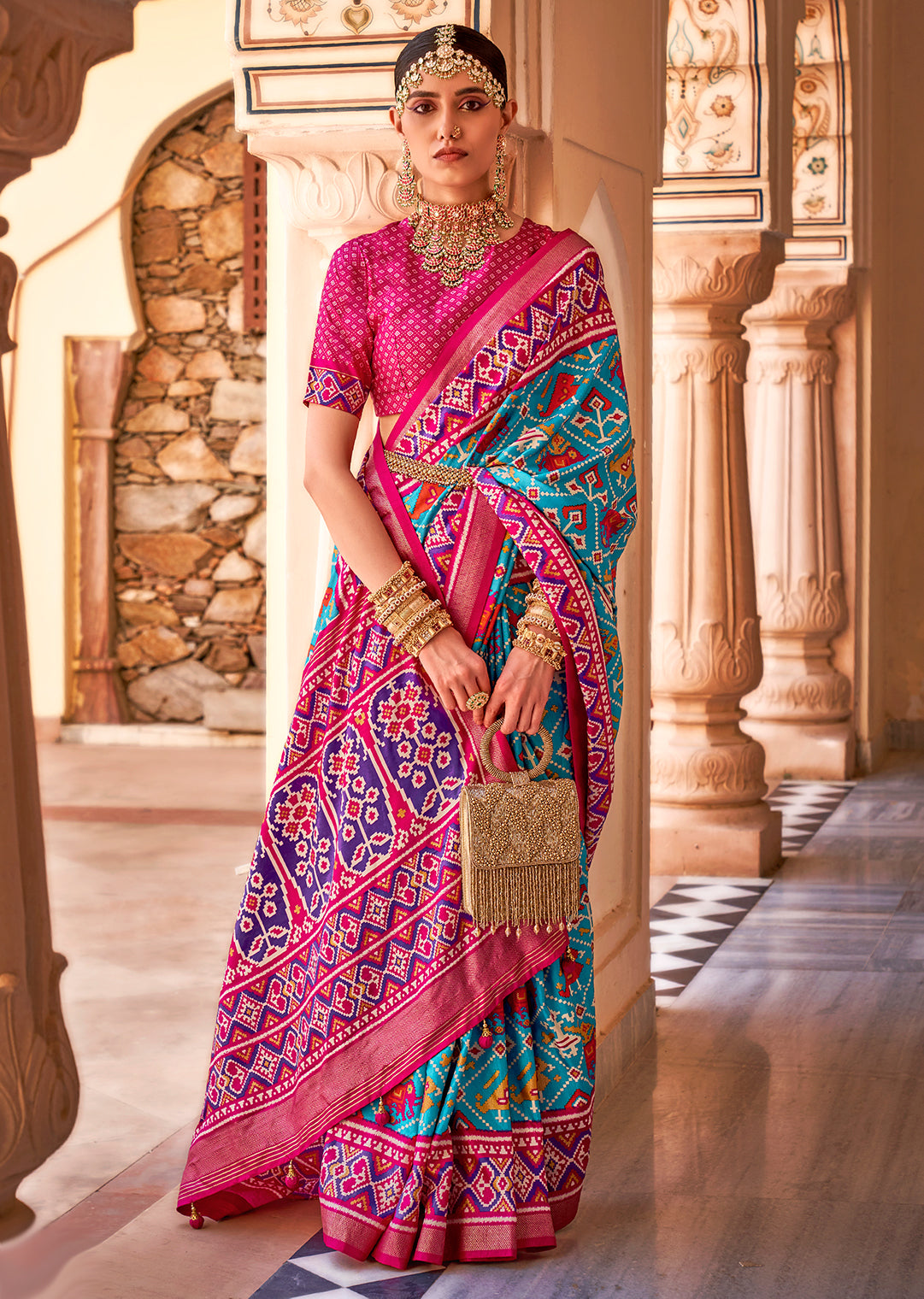 Deep Sky Blue Woven Patola Silk Saree