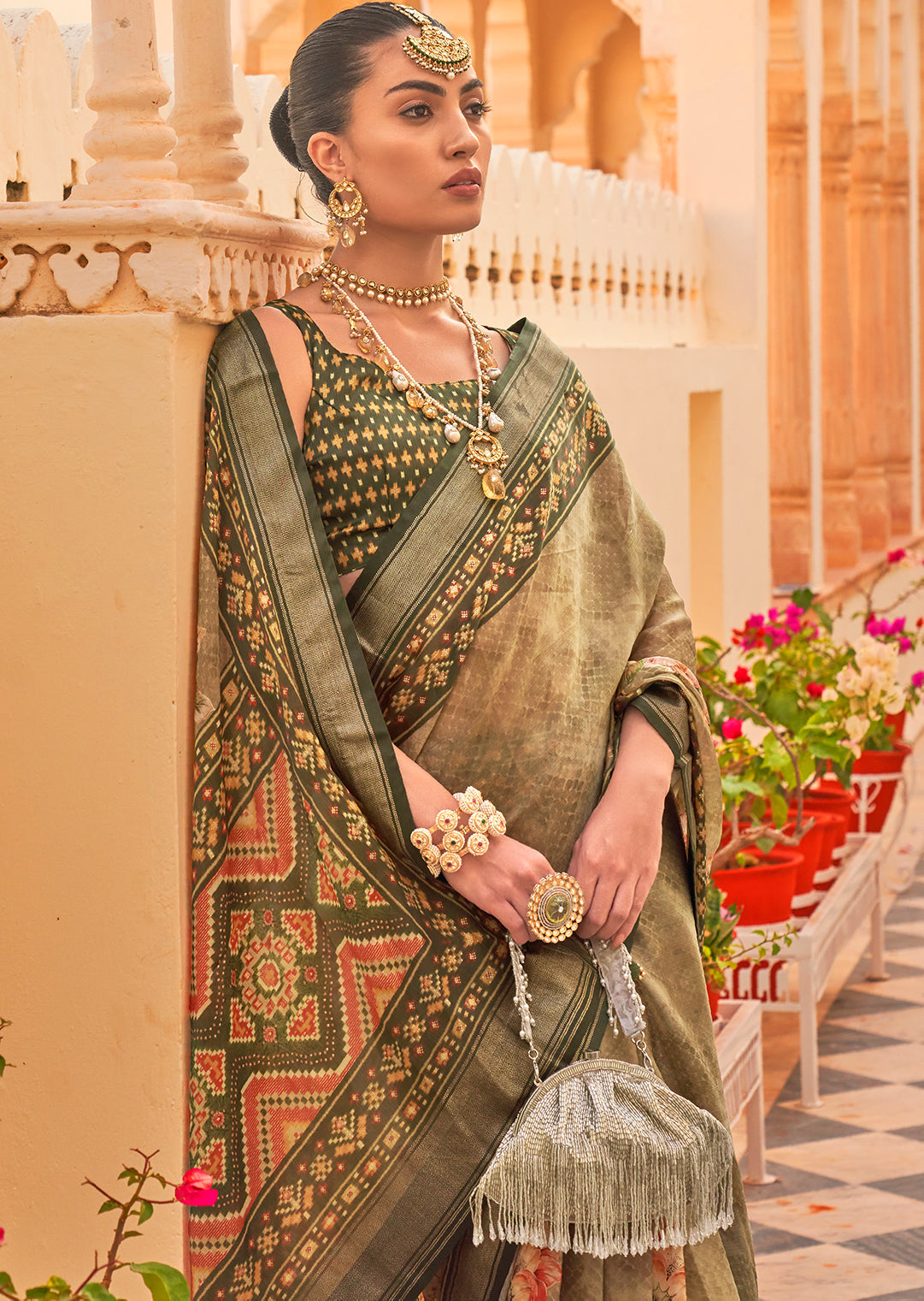 Sage Green Woven Chiffon Patola Saree
