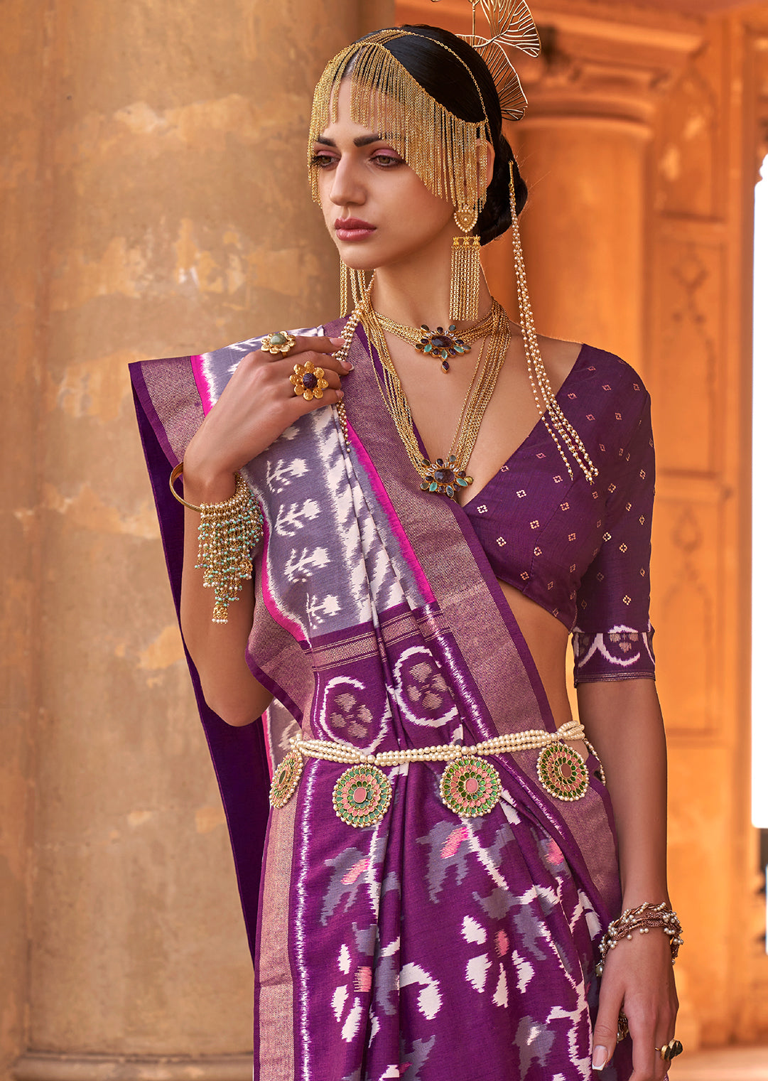 White & Purple Woven Patola Silk Saree