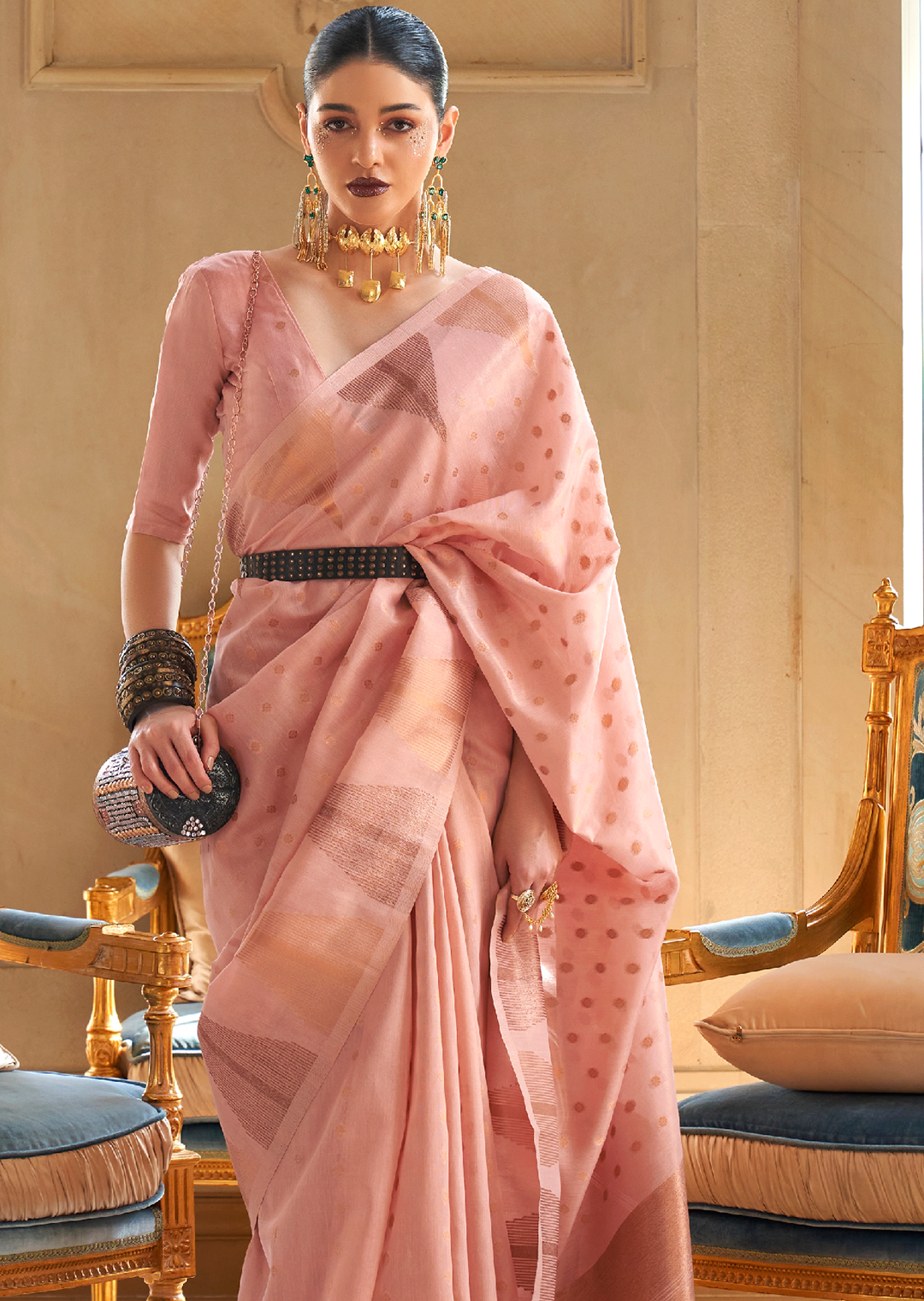 PEACH PINK ZARI WOVEN PURE HANDLOOM KHICHA TISSUE SILK SAREE
