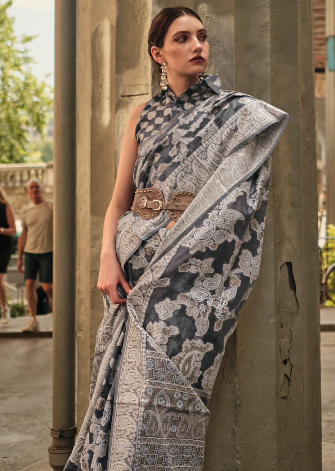 Dark Grey Woven Handloom Chikankari Lucknowi Organza Silk Saree