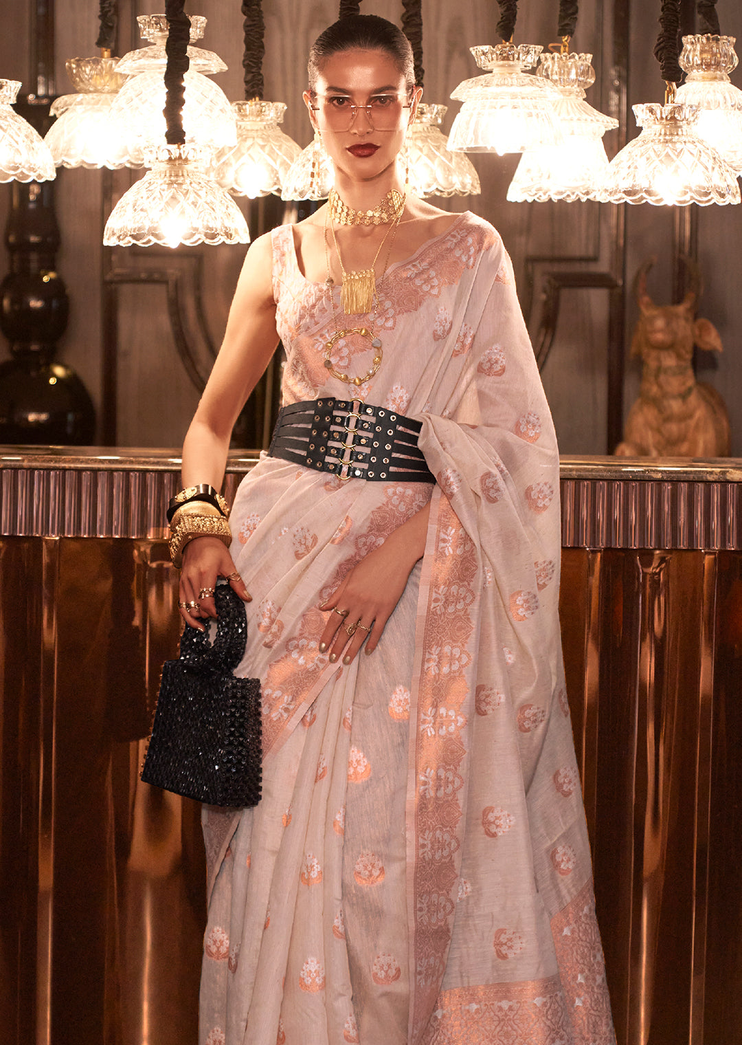 Pearl White Zari Woven Handloom Pure Linen Saree