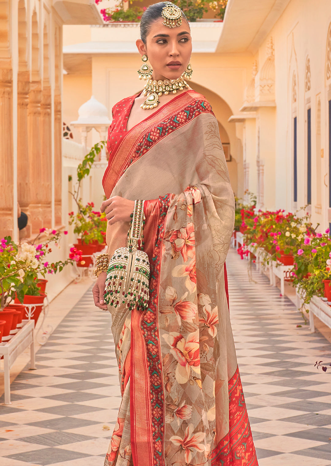 Off White & Coral Red Woven Chiffon Patola Saree