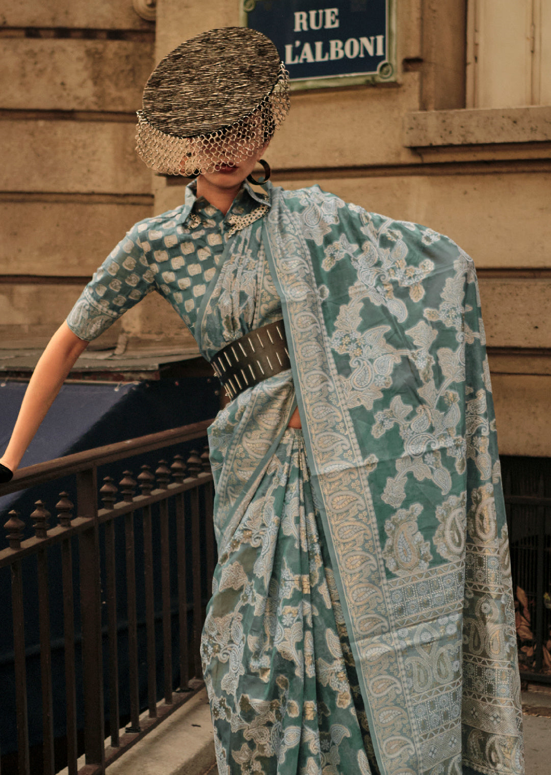Pine Green Woven Handloom Chikankari Lucknowi Organza Silk Saree