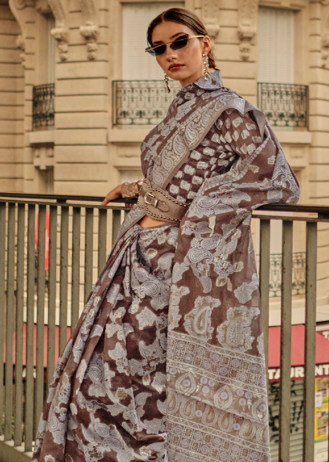 Brown Woven Handloom Chikankari Lucknowi Organza Silk Saree