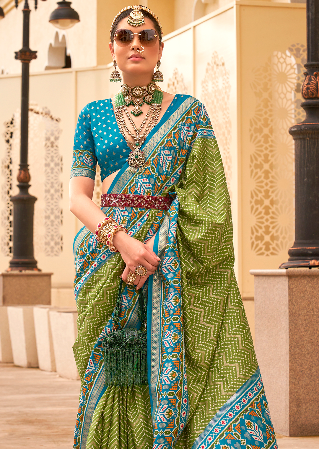 Olive Green Woven Patola Silk Saree