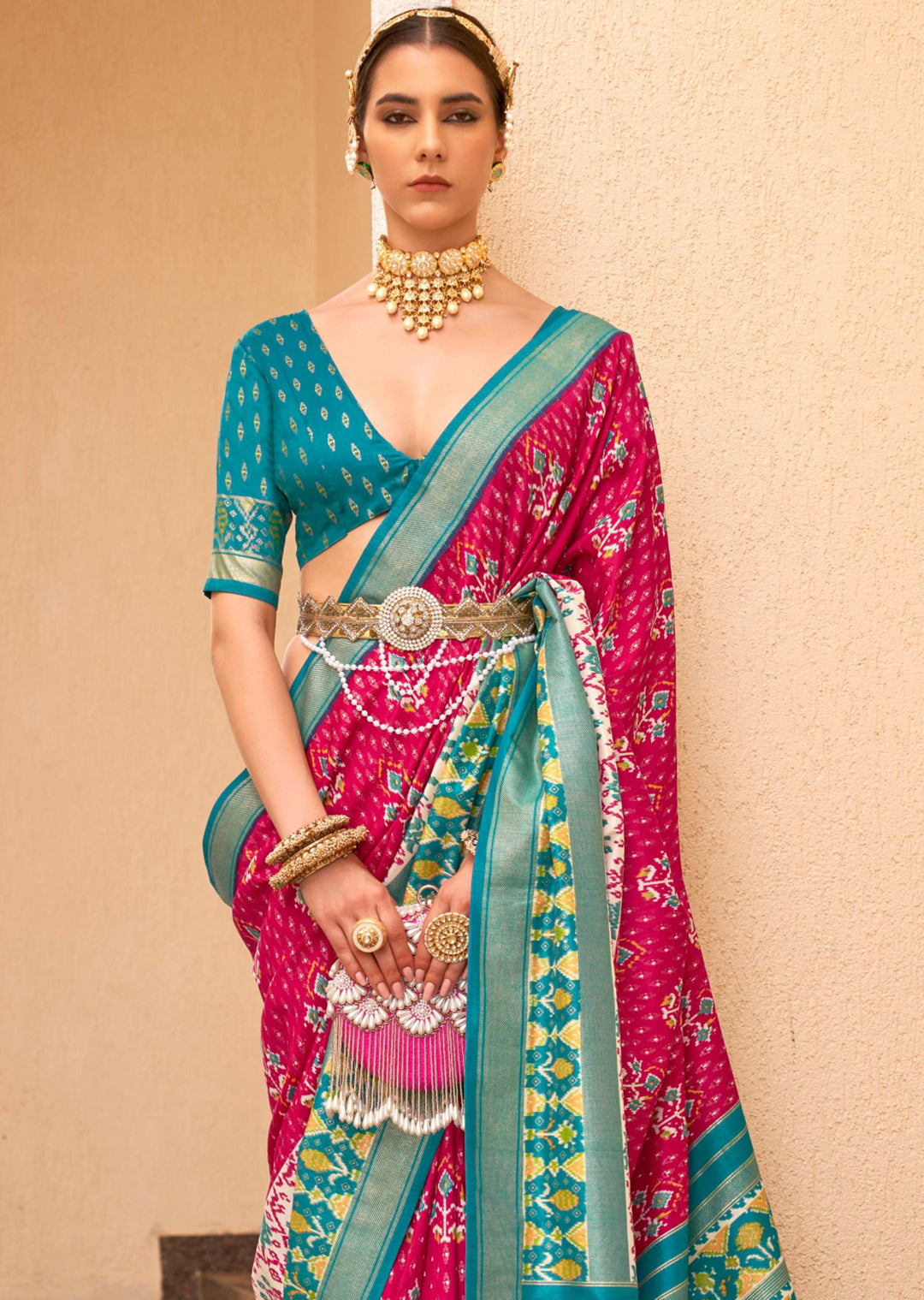 Ruby Pink Woven Traditional Patola Silk Saree