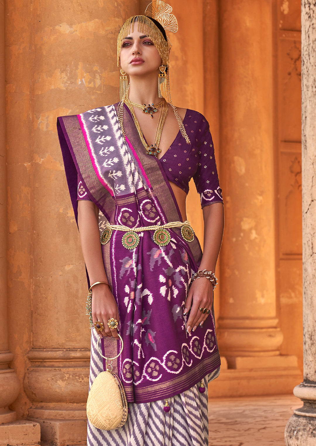 White & Purple Woven Patola Silk Saree