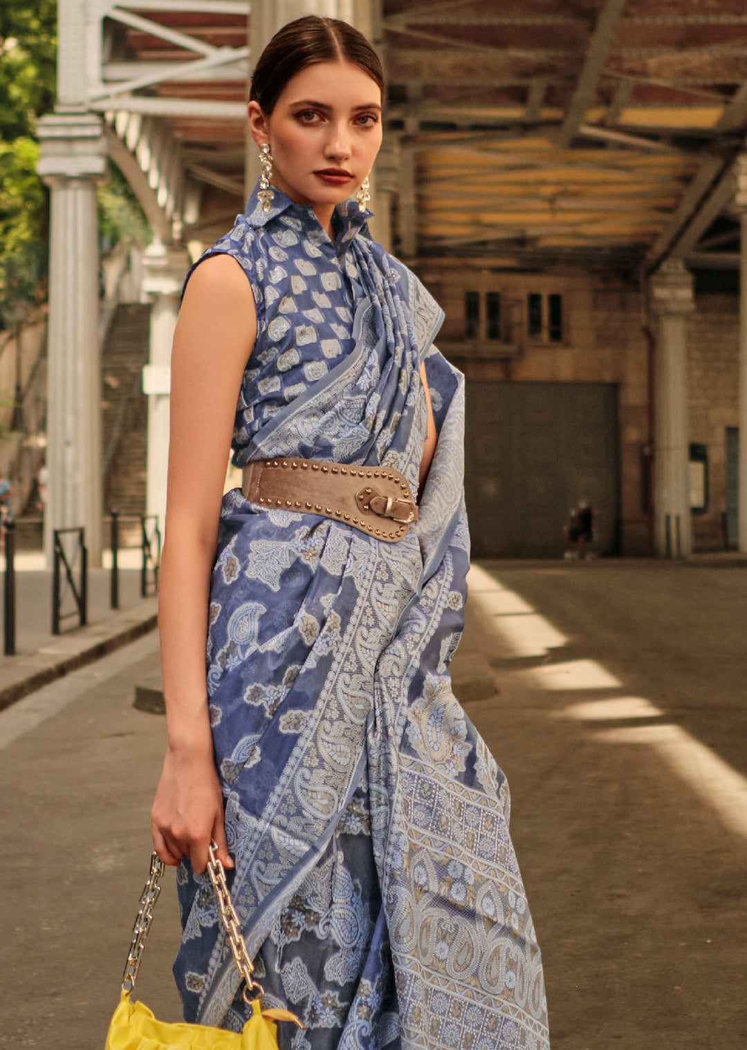 Bluish Grey Woven Handloom Chikankari Lucknowi Organza Silk Saree