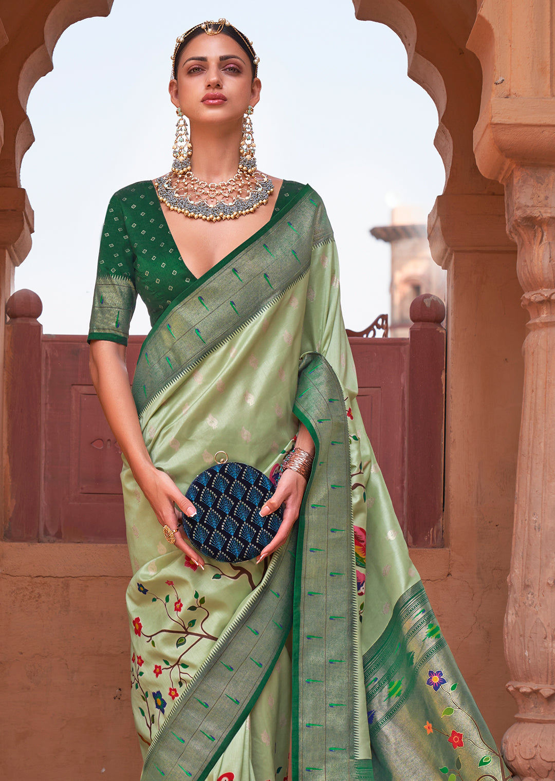 Mint Green Woven Paithani Silk Saree