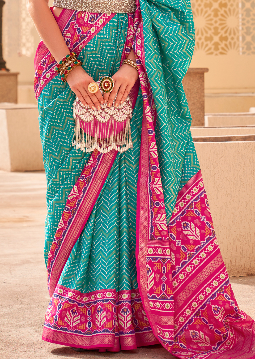 Turquoise Green Woven Patola Silk Saree