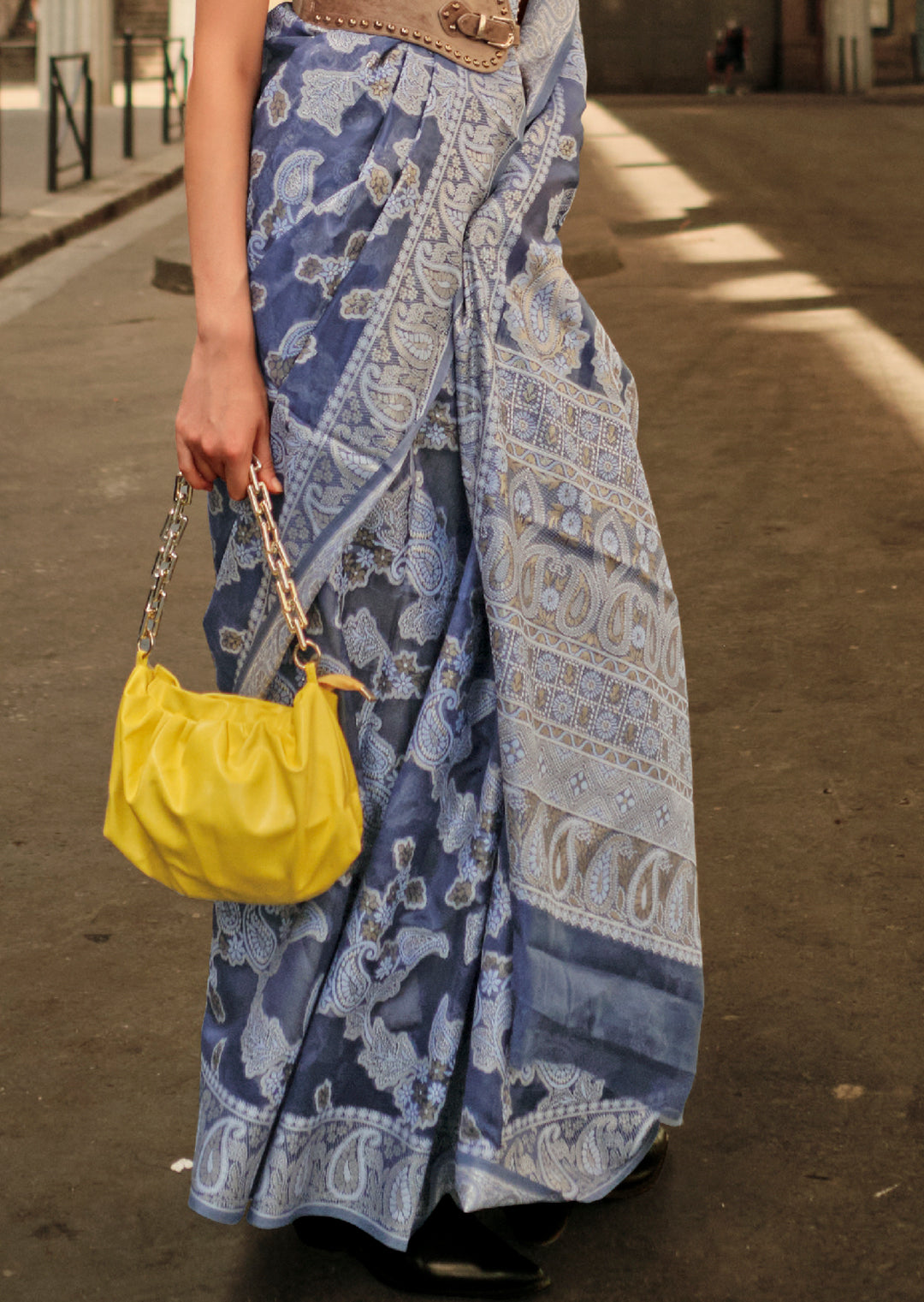 Bluish Grey Woven Handloom Chikankari Lucknowi Organza Silk Saree