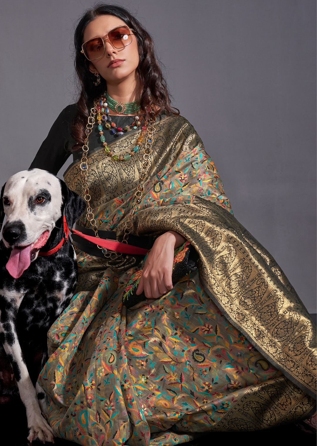 Grey Resham Woven Kashmiri Jamewar Silk Saree