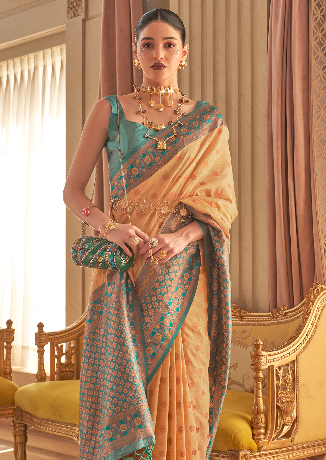 Yellow Copper  Copper Zari Woven Pure Handloom Banarasi Silk Saree