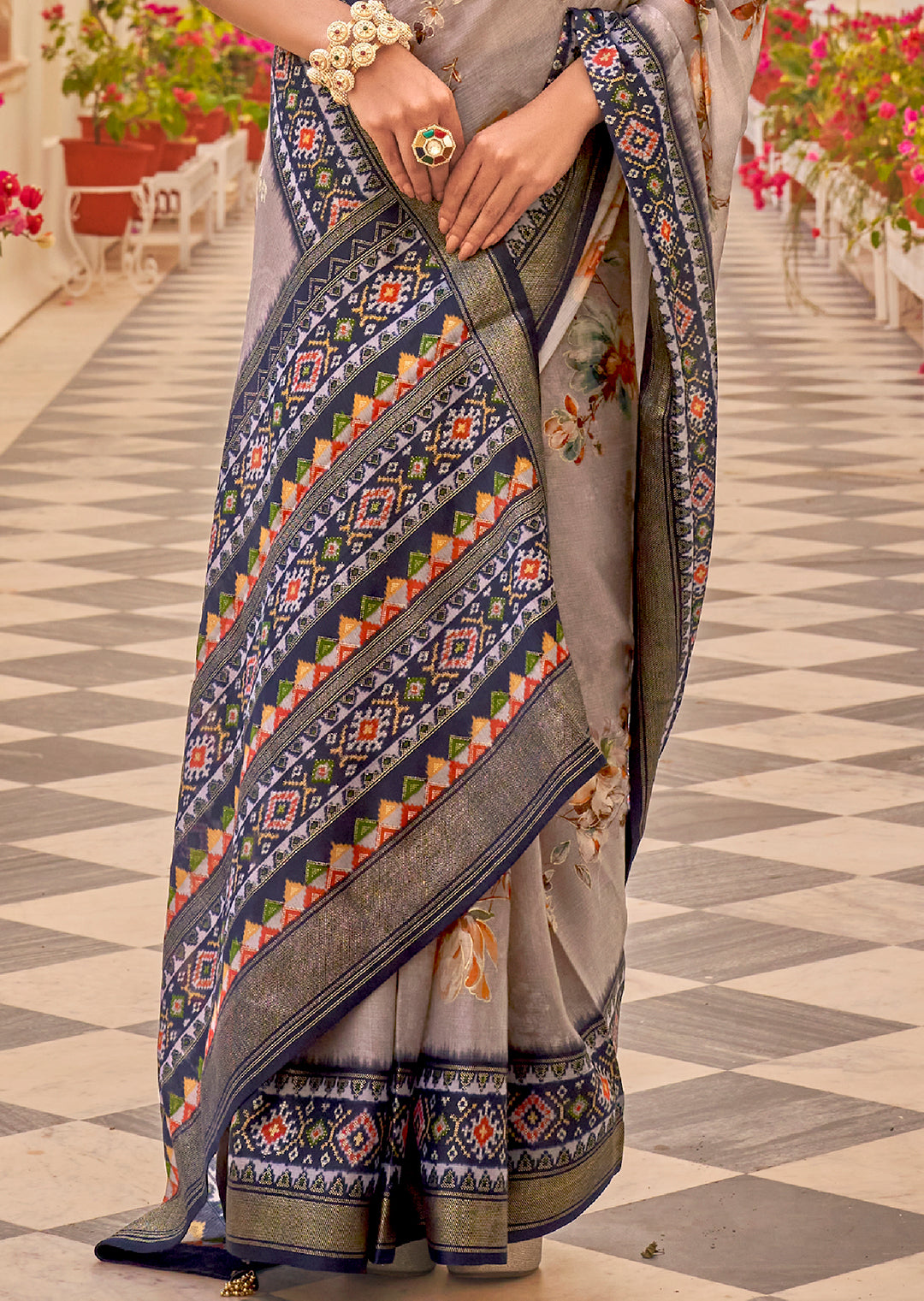 Grey & Blue Woven Chiffon Patola Saree