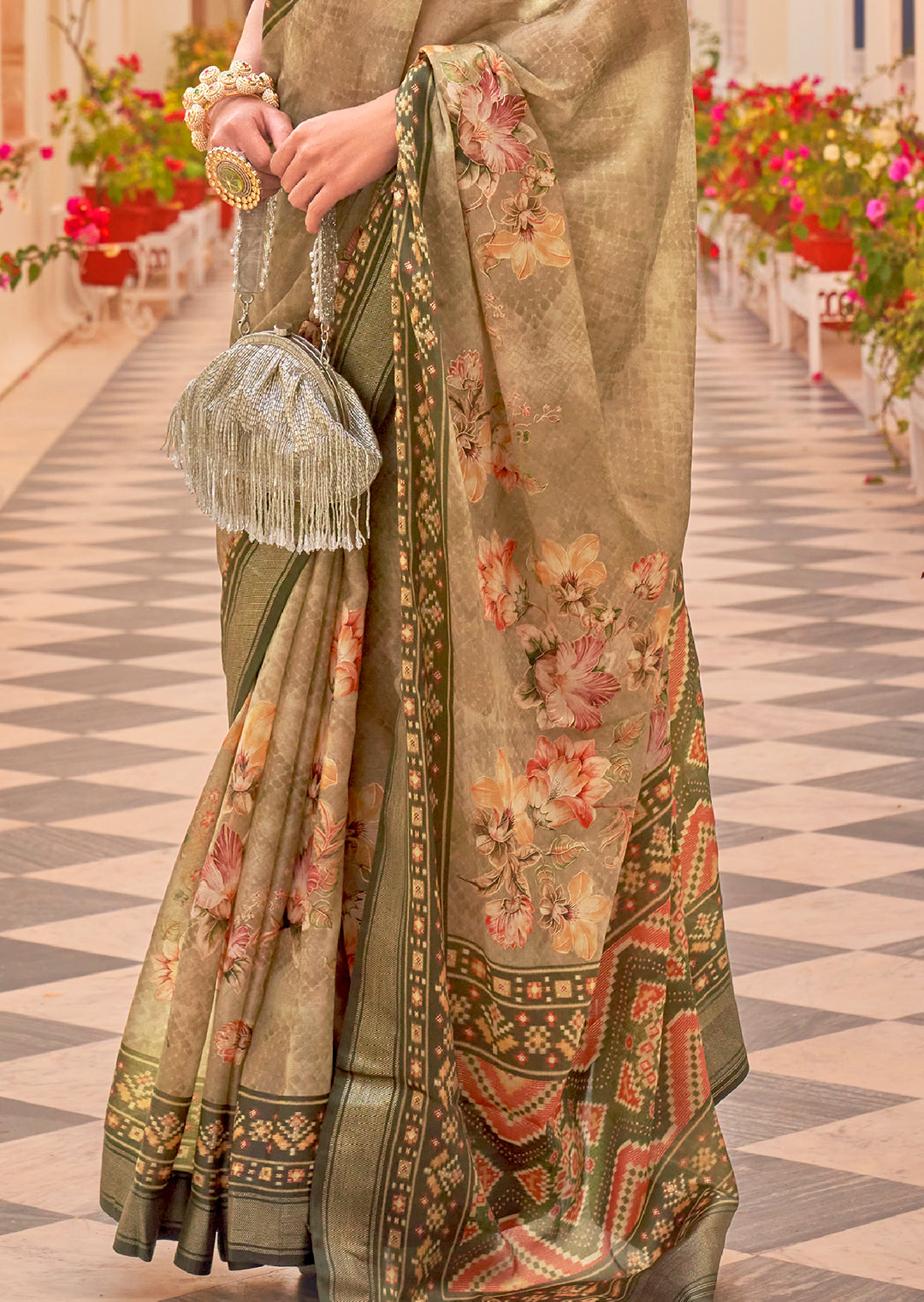 Sage Green Woven Chiffon Patola Saree