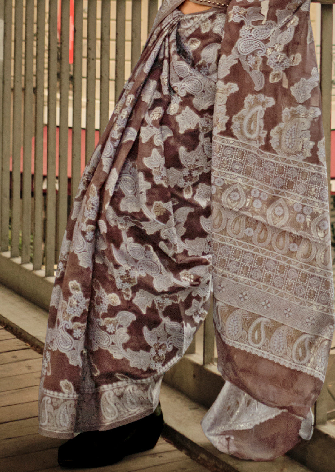 Brown Woven Handloom Chikankari Lucknowi Organza Silk Saree