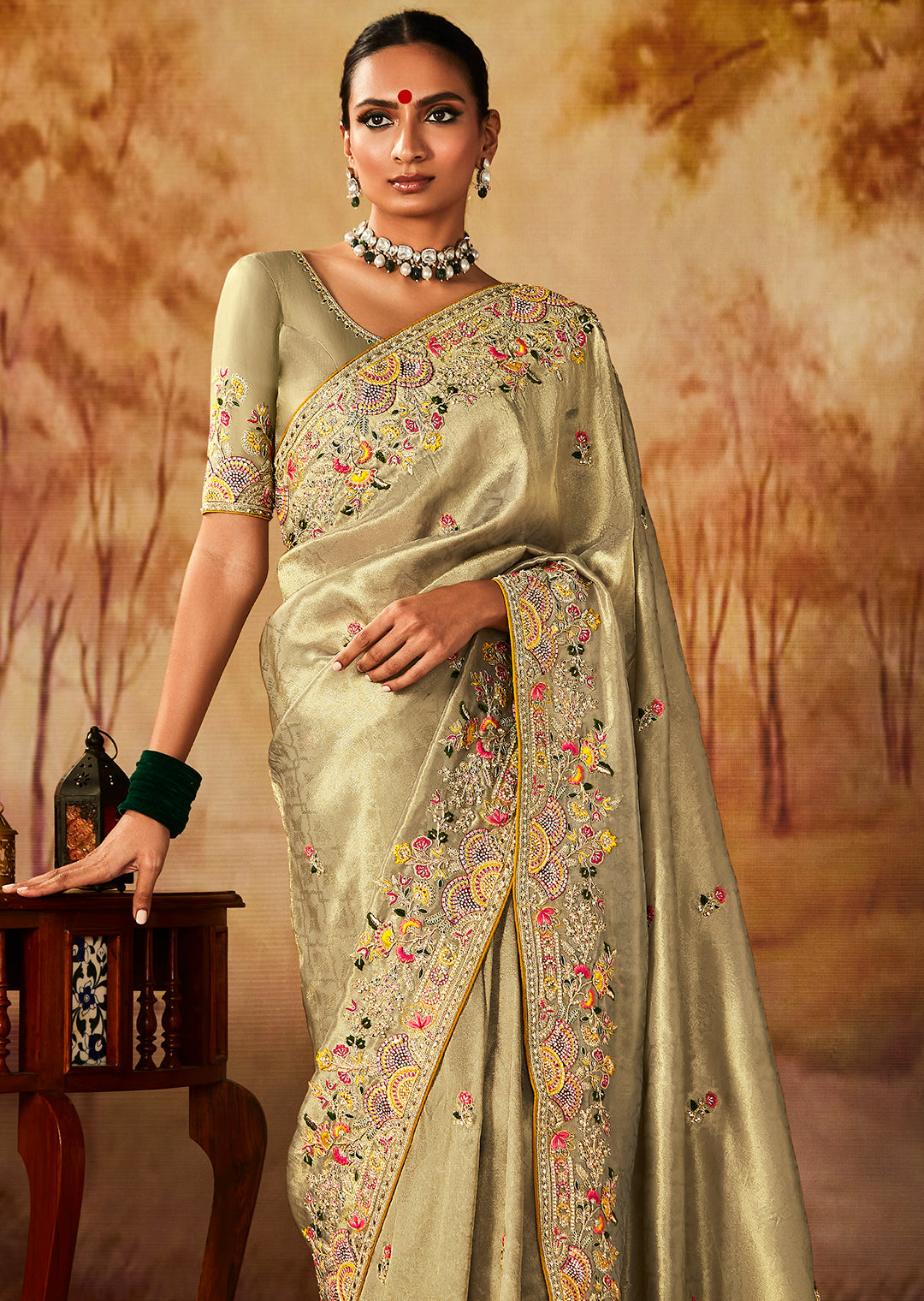 Light Tea Green Zari Woven Heavy Embroidered Designer Kanjivaram Silk Saree