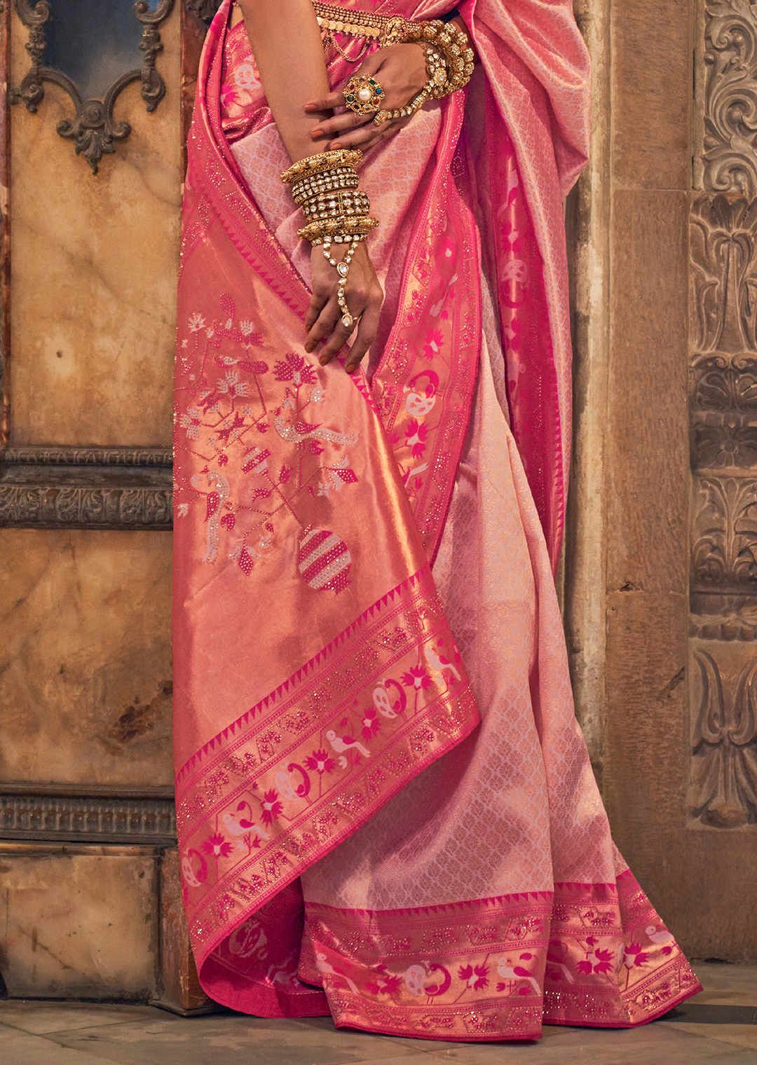 Pastel Pink Zari Woven Kanjivaram Paithani Silk Saree